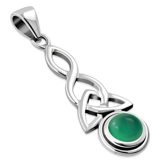 Long Green Agate Celtic Trinity Knot Silver Pendant 