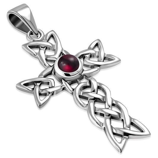 Garnet Stone Cross Celtic Knot Silver Pendant