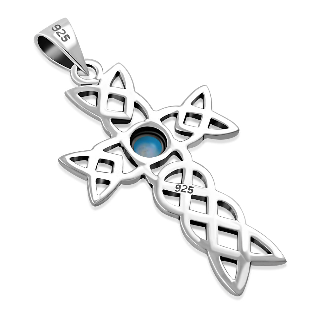 Synthetic Blue Opal Cross Celtic Knot Silver Pendant