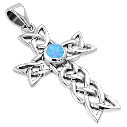 Synthetic Opal Cross Celtic Knot Silver Pendant