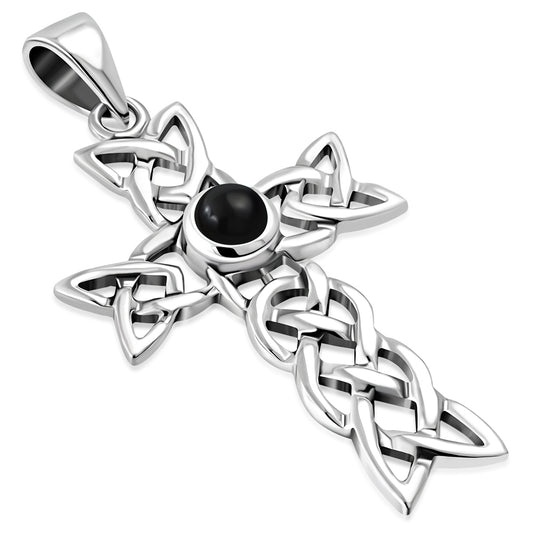 Black Onyx Celtic Knot Cross Silver Pendant 