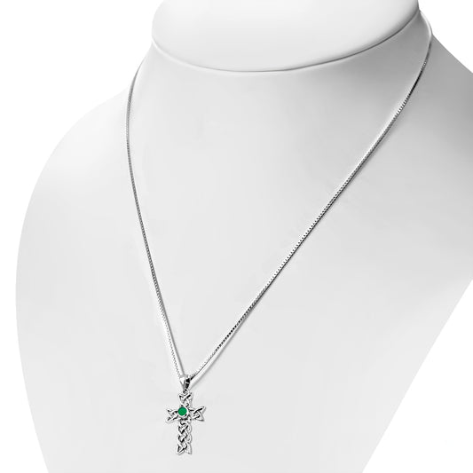 Green Agate Cross Celtic Knot Silver Pendant
