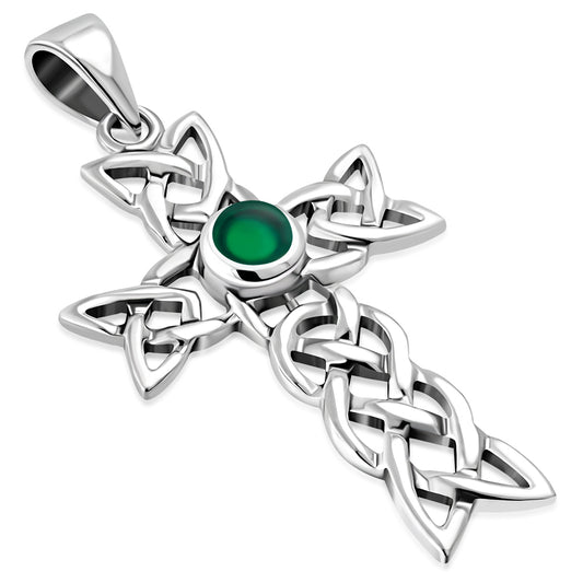 Green Agate Cross Celtic Knot Silver Pendant