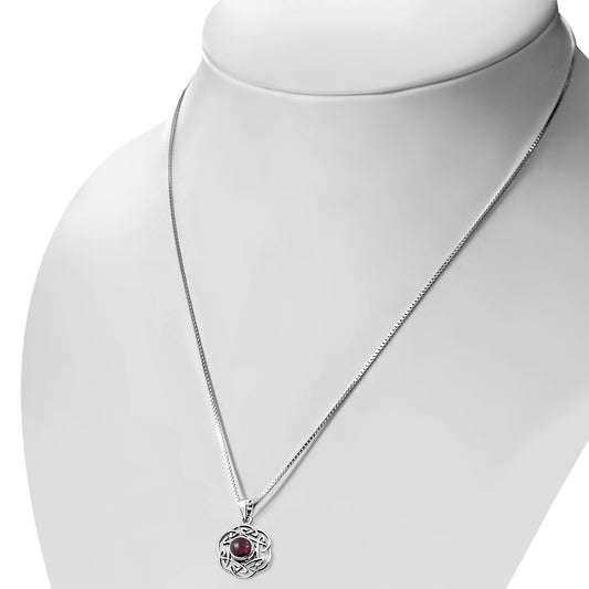 Garnet Stone Round Celtic Knot Silver Pendant