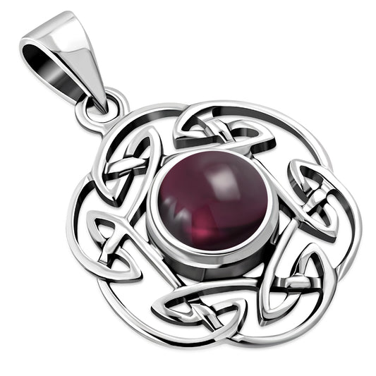 Garnet Stone Round Celtic Knot Silver Pendant