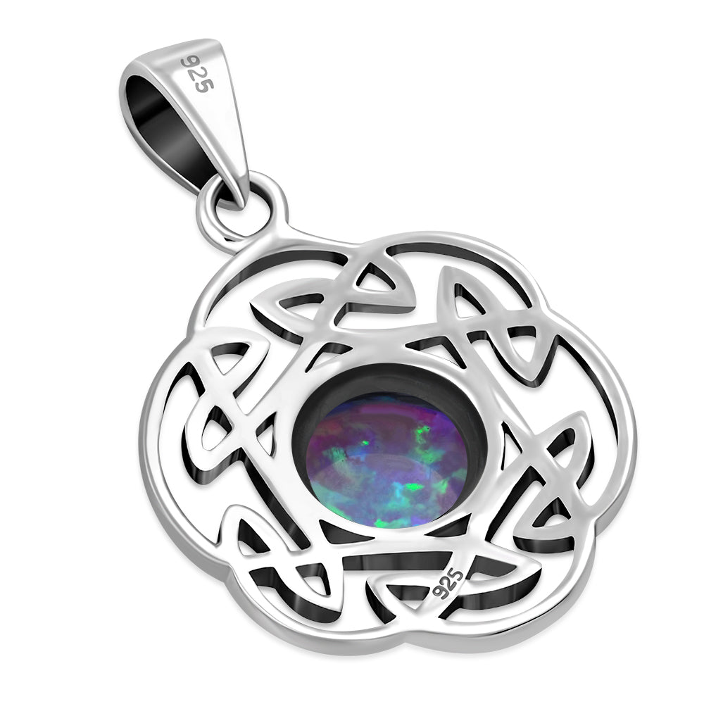 Synthetic Blue Opal Round Celtic Knot Silver Pendant