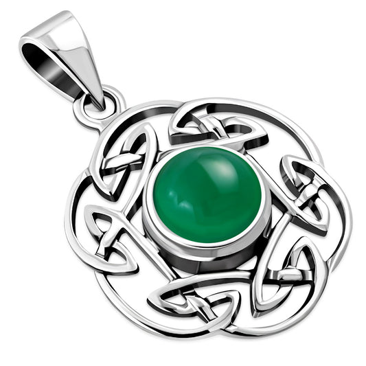 Green Agate Round Celtic Knot Silver Pendant