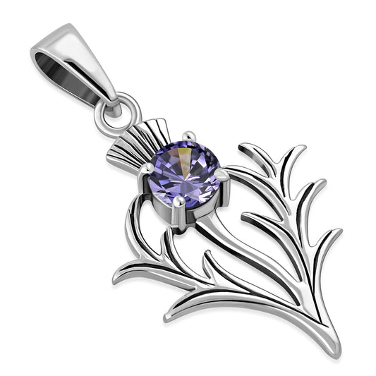 Small Silver Thistle Pendant set w/ Faceted Amethyst Stone 