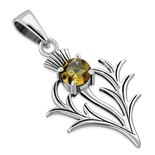 Small Silver Thistle Pendant set w/ Faceted Citrine Stone 