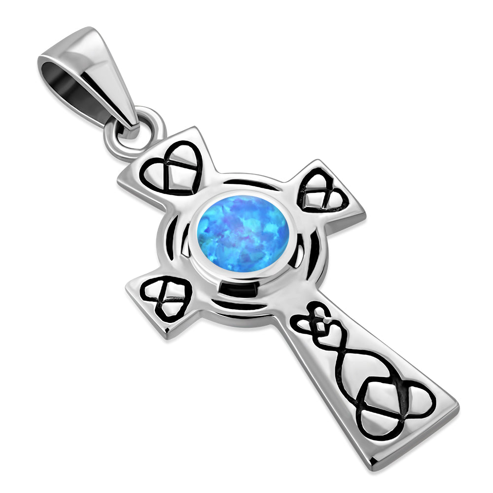 Synthetic Opal Celtic Cross Silver Pendant