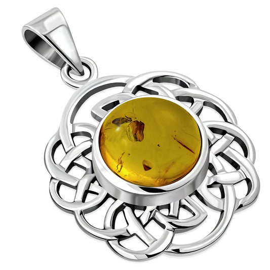 Round Celtic Knot Silver Pendant set w/ Baltic Amber