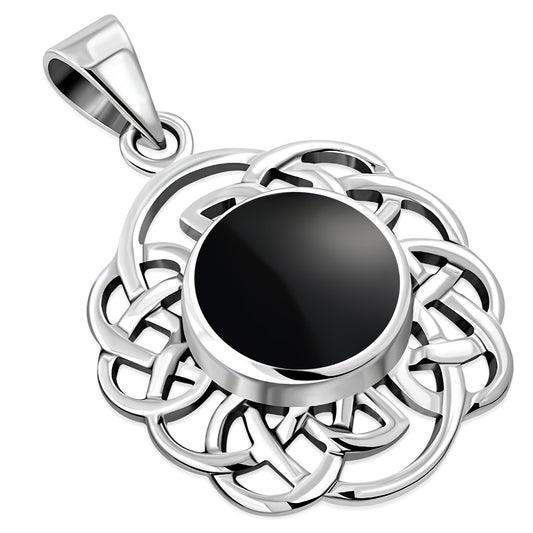 Round Celtic Knot Silver Pendant set w/ Black Onyx