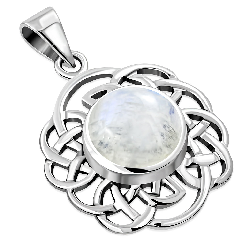 Round Celtic Silver Pendant set w/ Rainbow Moonstone