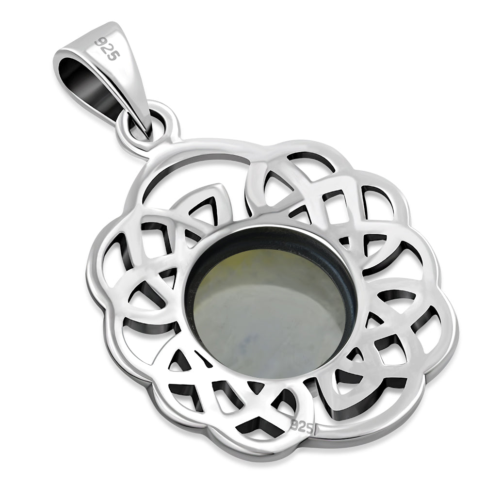 Round Celtic Silver Pendant set w/ Rainbow Moonstone