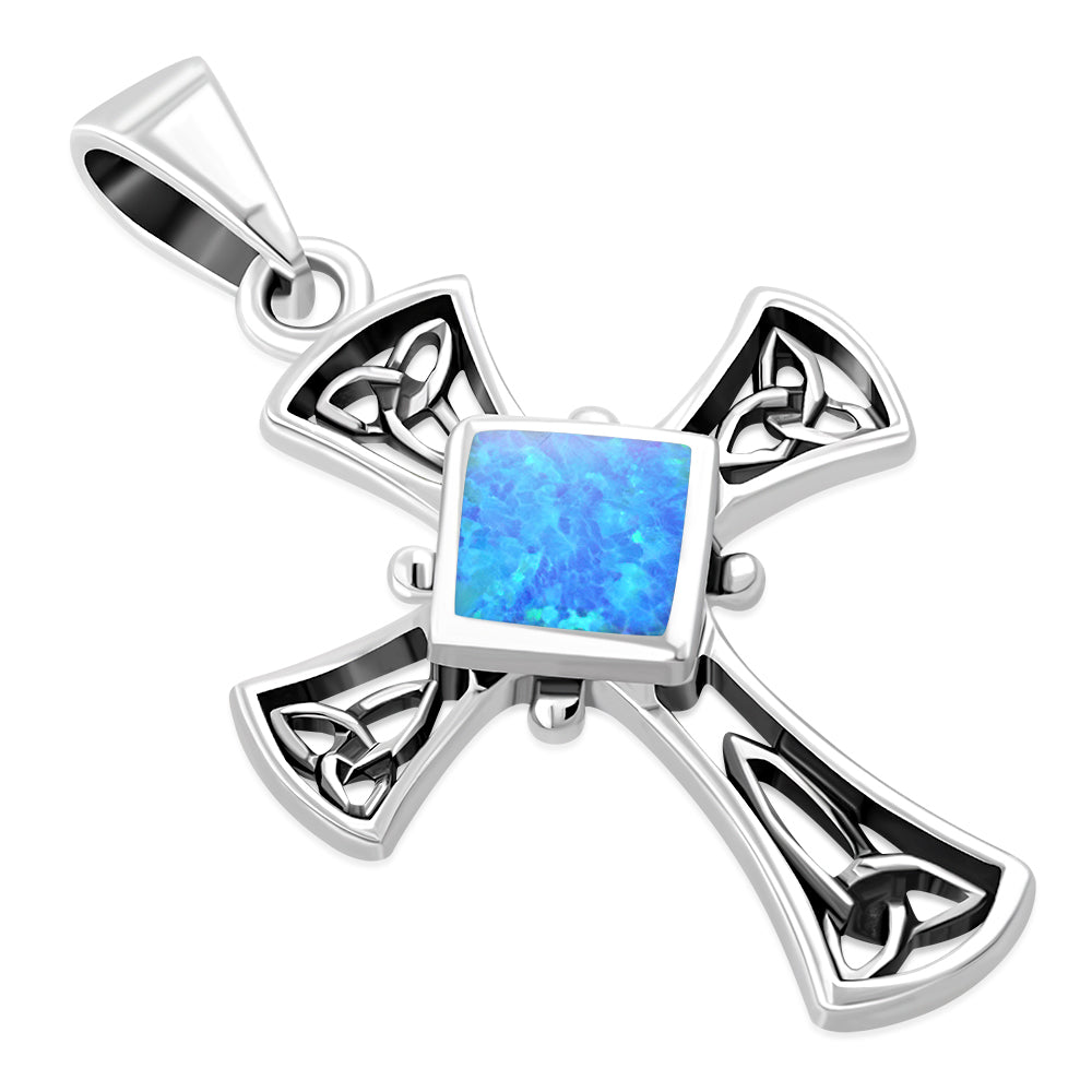Synthetic Azure Opal Celtic Irish Trinity Knot Cross Silver Pendant 