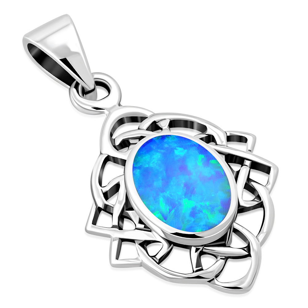 Synthetic Azure Opal Celtic Knot Silver Pendant 