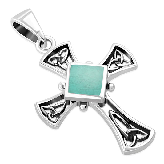 Turquoise Celtic Irish Trinity Knot Cross Silver Pendant 