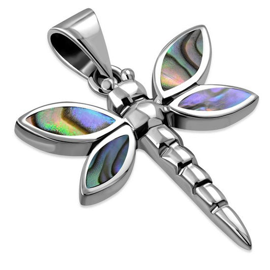 Abalone Shell Dragonfly Silver Pendant
