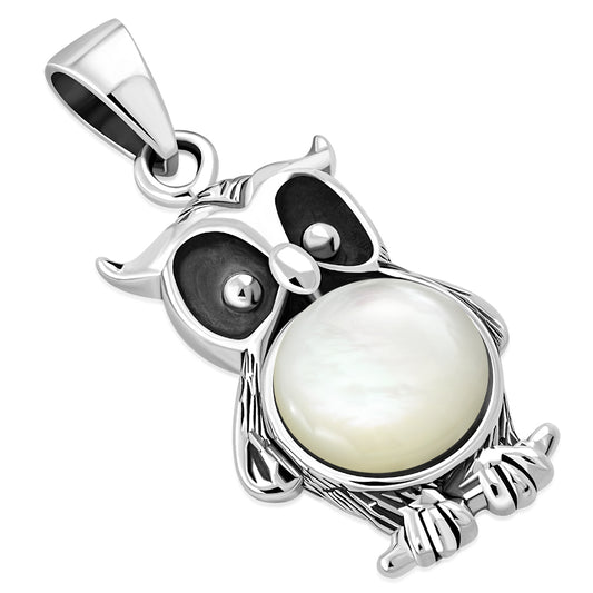 Mother Of Pearl Shell Night Owl Silver Pendant 