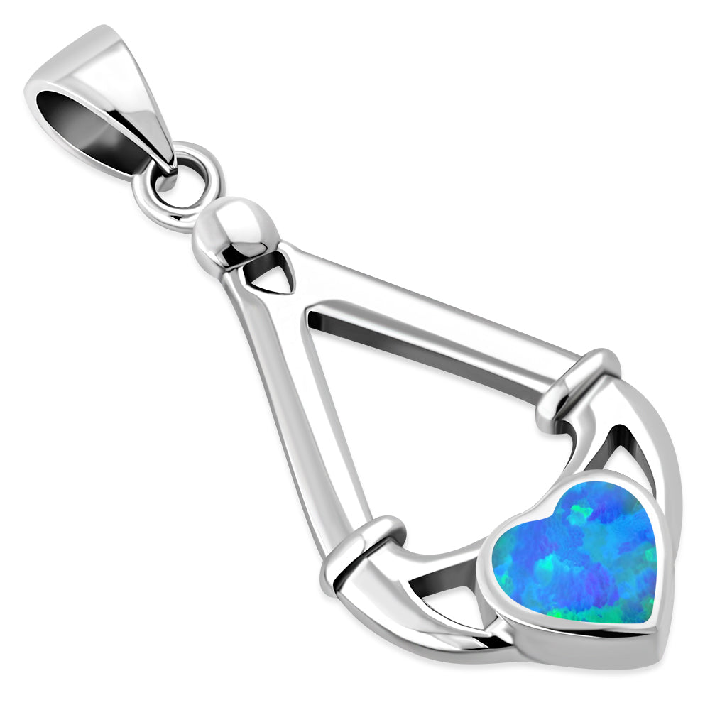 Synthetic Azure Opal Irish Claddagh Silver Pendant 