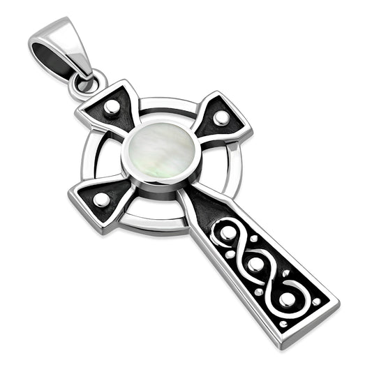 Mother Of Pearl Shell Celtic Infinity Knot Cross Silver Pendant 
