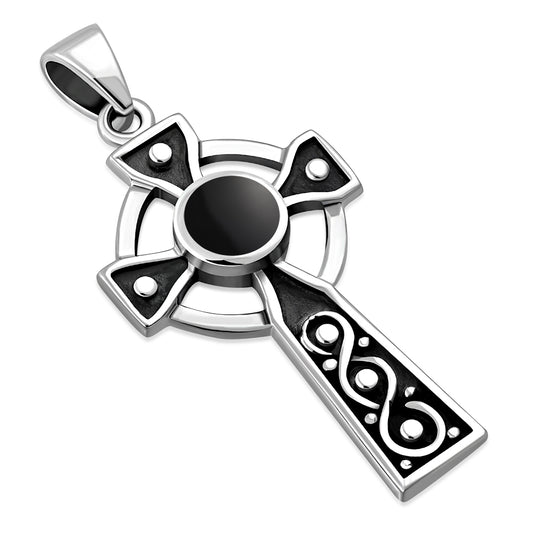 Black Onyx Celtic Infinity Knot Cross Silver Pendant 