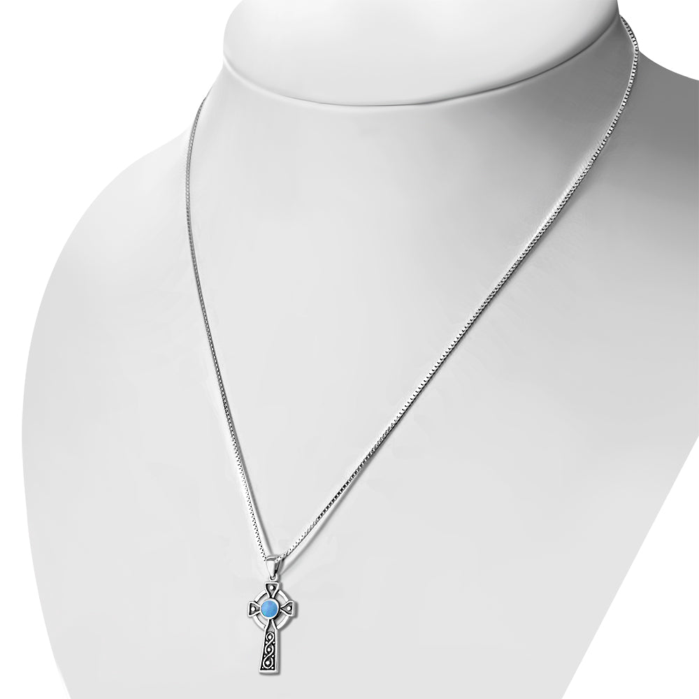 Synthetic Azure Blue Opal Celtic Infinity Knot Cross Silver Pendant