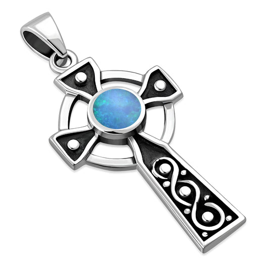 Synthetic Azure Opal Celtic Infinity Knot Cross Silver Pendant 