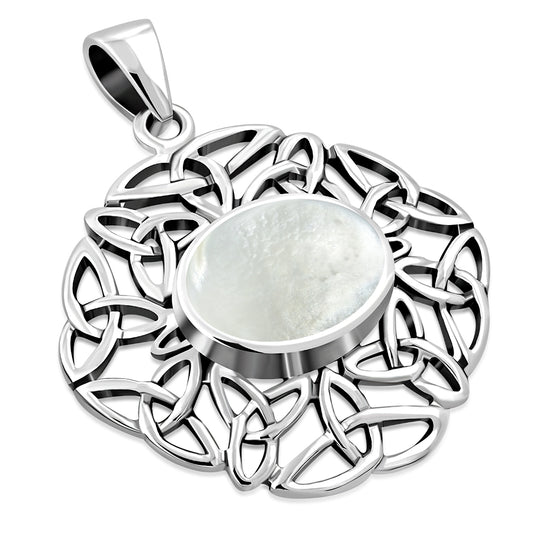 Mother Of Pearl Shell Oval Celtic Knot Silver Pendant 