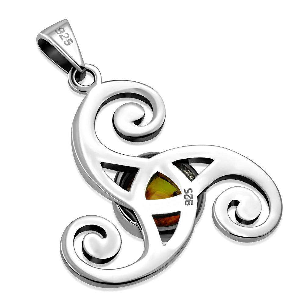 Baltic Amber Triskele Triple Spiral Celtic Silver Pendant