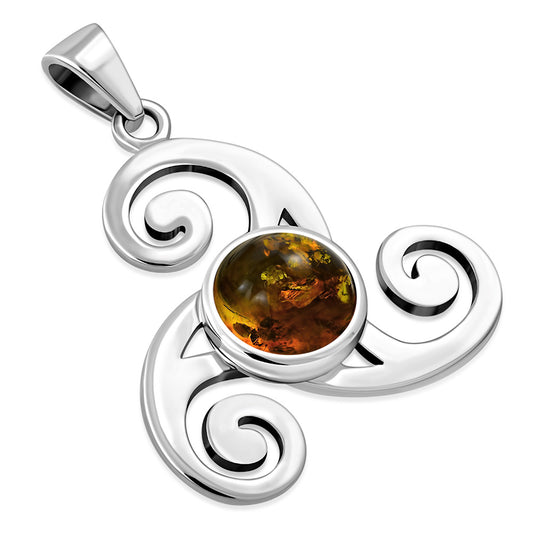 Baltic Amber Triskele Triple Spiral Celtic Silver Pendant 