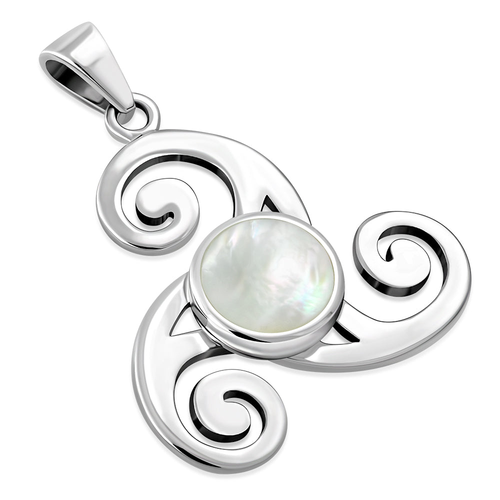 Mother Of Pearl Shell Triskele Triple Spiral Celtic Silver Pendant 
