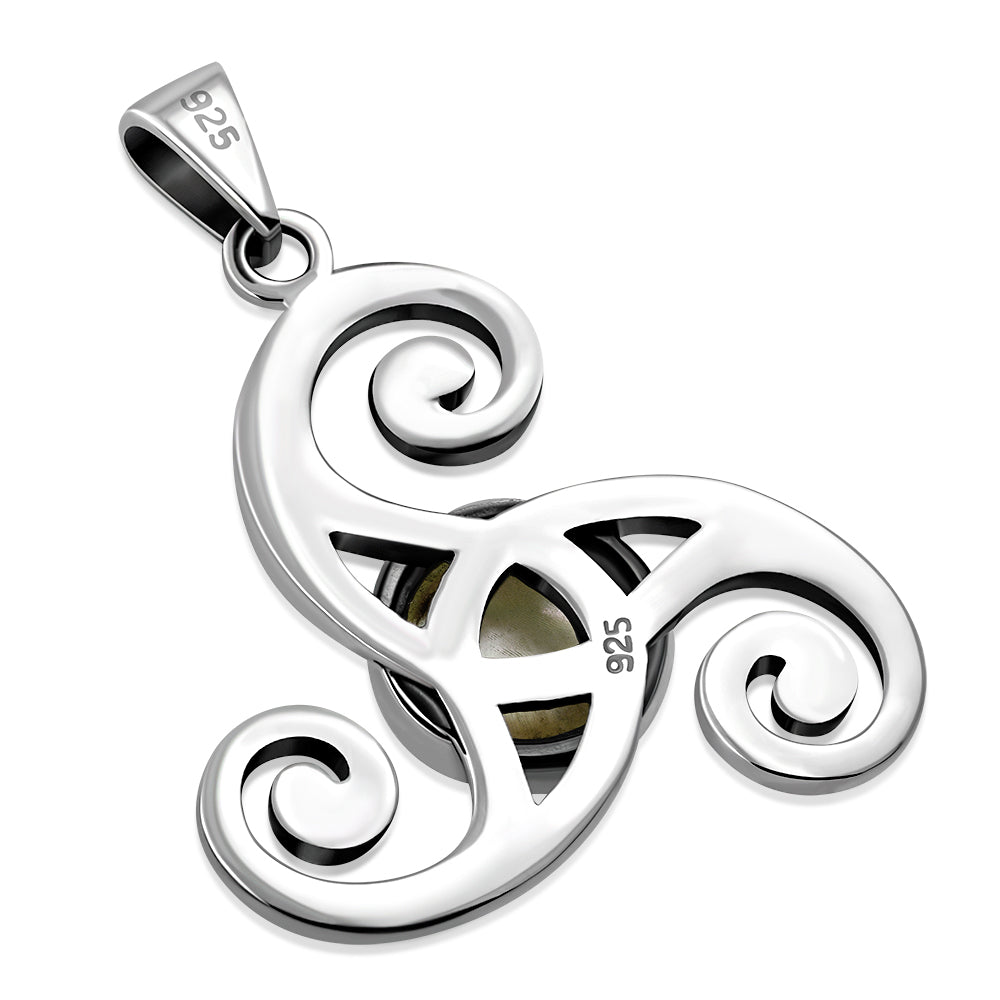 Mother Of Pearl Shell Triskele Triple Spiral Celtic Silver Pendant