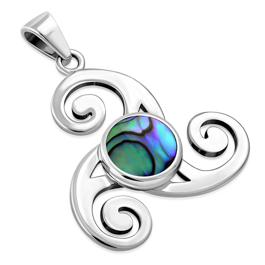 Abalone Shell Triskele Triple Spiral Celtic Silver Pendant 