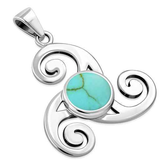Turquoise Triskele Triple Spiral Celtic Silver Pendant 