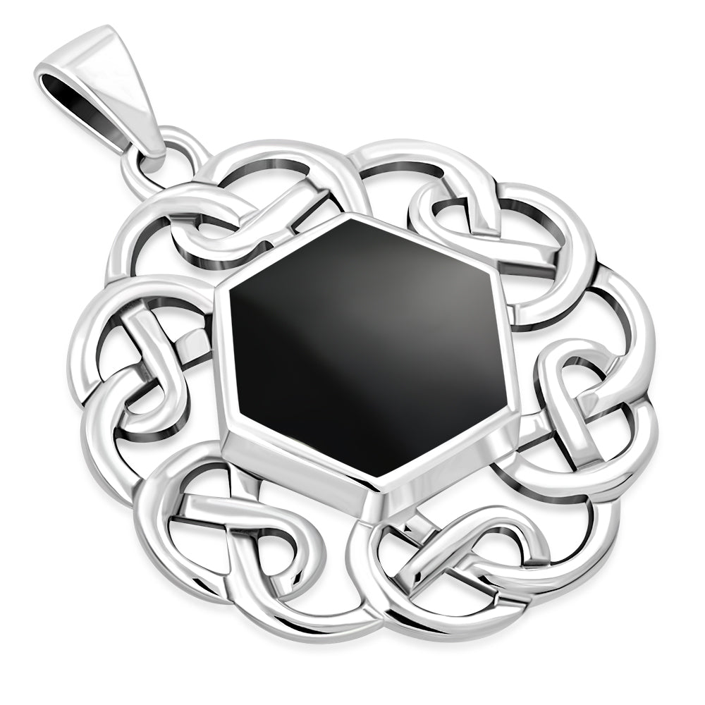 Black Onyx Round Celtic Knot Silver Pendant 