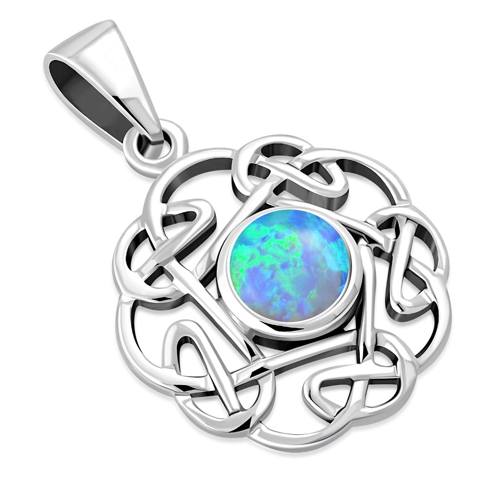 Small Synthetic Azure Opal Round Celtic Knot Silver Pendant
