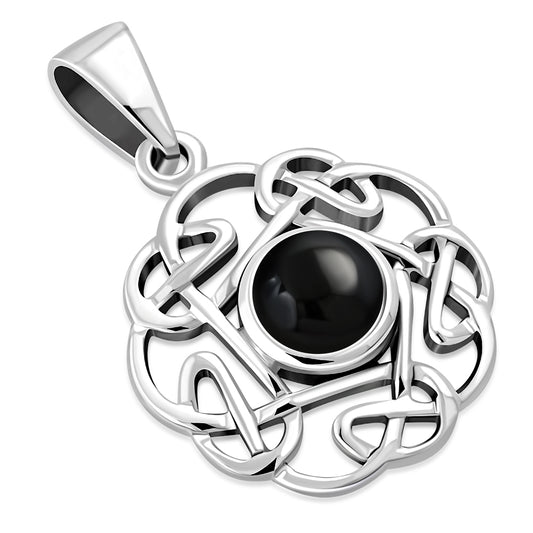 Small Black Onyx Round Celtic Knot Silver Pendant