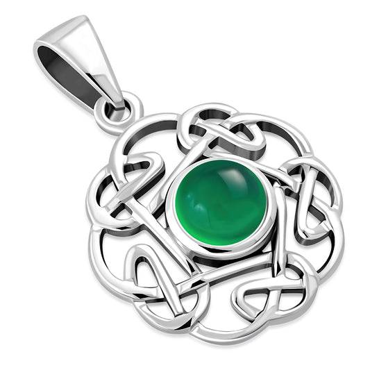 Small Green Agate Round Celtic Knot Silver Pendant
