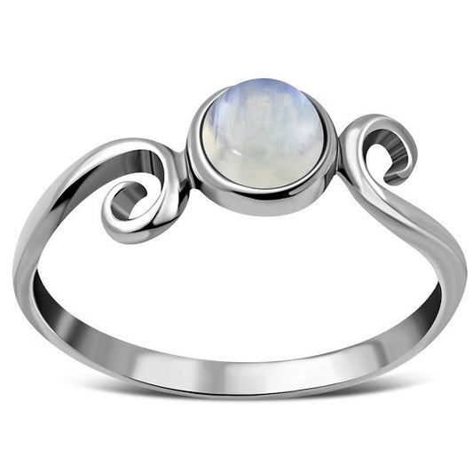 Delicate Silver Spiral Ring set w/ Rainbow Moonstone