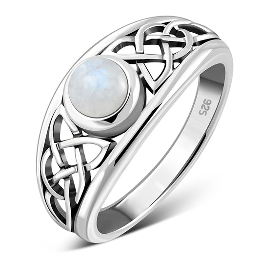 Rainbow Moonstone Celtic Silver Ring