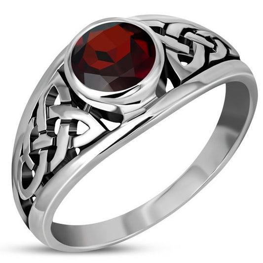 Garnet Stone Celtic Knot Silver Ring