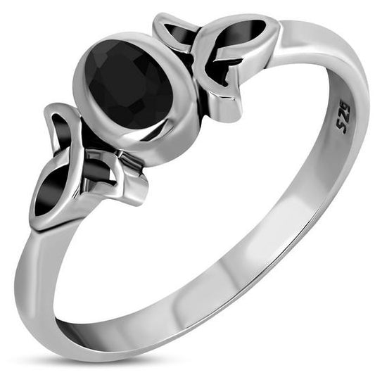 Thin Celtic Faceted Black Onyx Stone Silver Ring