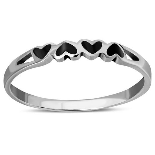 Hearts Black Onyx Silver Band Ring