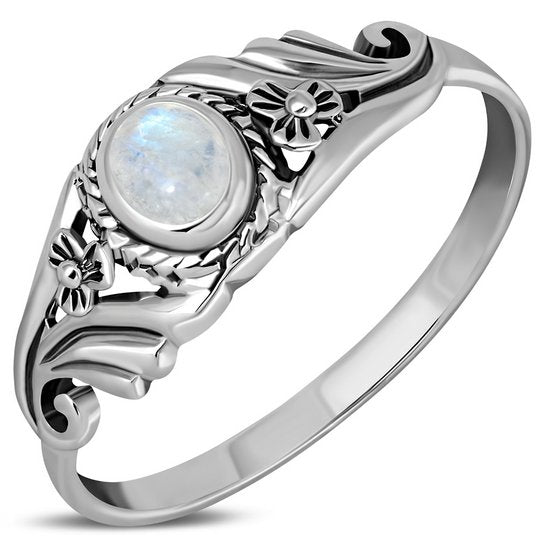 Flower Design Rainbow Moonstone Silver Ring