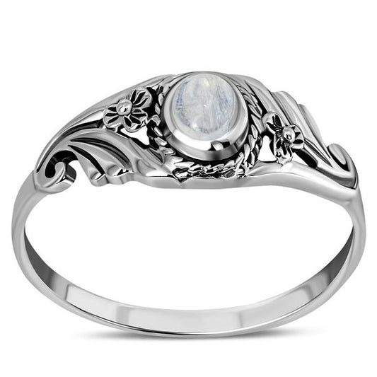 Flower Design Rainbow Moonstone Silver Ring