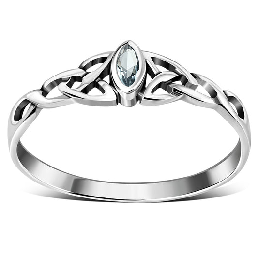 Thin Celtic Knot Silver Ring, set w/ Blue Topaz CZ