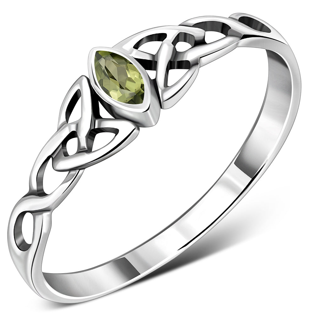 Celtic Thin Trinity Knot Silver Ring set w/ Peridot Stone