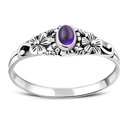 Amethyst Stone Flowers Sterling Silver Ring