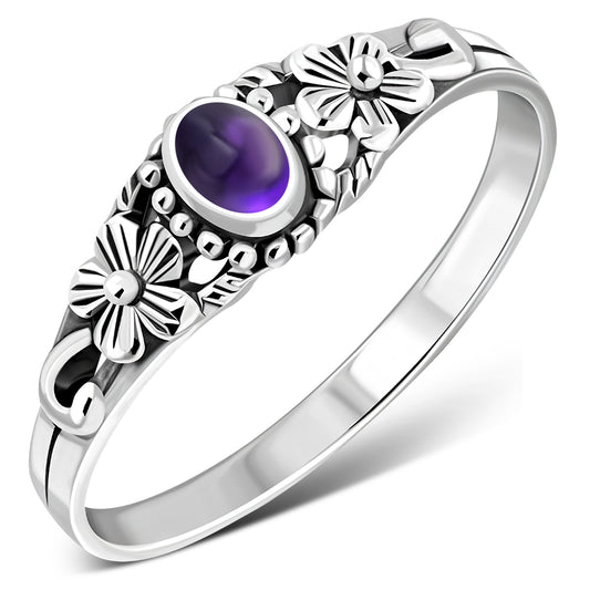 Amethyst Stone Flowers Sterling Silver Ring